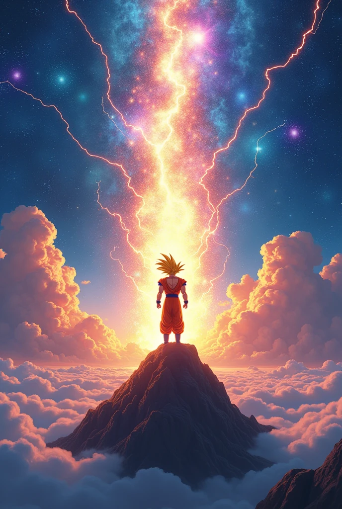 Create an eye-catching anime scene featuring Goku standing triumphantly atop a floating mountain peak, with a breathtaking cosmic backdrop filled with swirling galaxies and nebulae. Goku should be in his iconic Super Saiyan form, with golden hair and a radiant aura that contrasts sharply against the deep blues and purples of the universe. His pose should be powerful and dynamic, with energy crackling around him, emphasizing his immense strength and determination. Add a dramatic caption like “Goku’s Cosmic Ascension: The Universe Shines With His Power” at the bottom in bold, glowing text that complements the vibrant colors and epic scale of the scene.