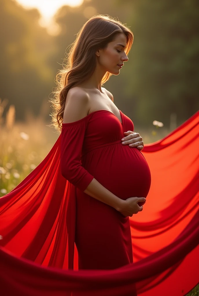 gestante, 8 months, red flowing fabric