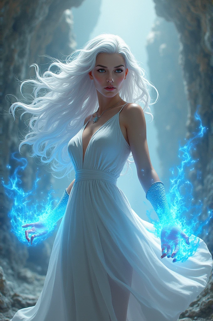 Create one with platinum hair with a white dress and asul with fire in her hands in a battle pose
