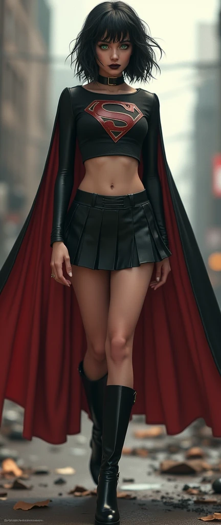 A FULL BODY VIEW OF A SEXY BUSTY TEEN FEMALE WITH DREAMY GREEN EYES AND MEDIUM MESSY BLACK HAIR WEARING A SLEEK BLACK SPANDEX LONG-SLEEVED SUPERGIRL CROP=TOP WITH A METALIC SILVER "S" EMBLEM ON THE CHEST, A SHORT BLACK PLEATED SKIRT WITH A SILVER LEATHER BELT, BLACK HIGH HEELED SUPERGIRL BOOTS, AND A LONG 2 TONE SUPERGIRL CAPE, ONE SIDE RED, ONE SIDE BLACK. NOSE PIERCING, BELLY PIERCING, BLACK LIPSTICK, BLACK FINGERNAILS, INCREDIBLY DETAILED PALE WHITE SKIN, INCREDIBLEY DETAILED FACE, INCREDIDBLEY DETAILED CLOTHING, TEXTURED SKIN PORES, TEXTURED HAIR, 8K ABSURD RESOLUTION, MASTERPIECE. PHOTO REALSITIC, HYPER REALISTIC. CHAOTIC BACKGROUND. 16K RESOLUTION. PREFESSIONAL GRADE IMAGE.