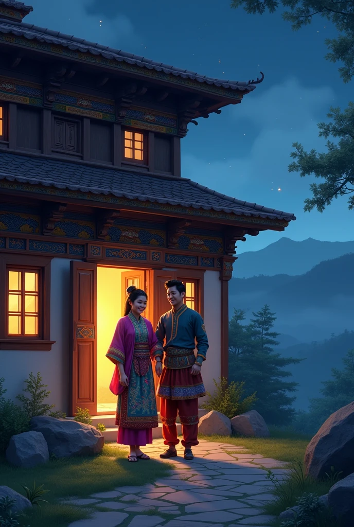 A bhuanese couple entering a house at night