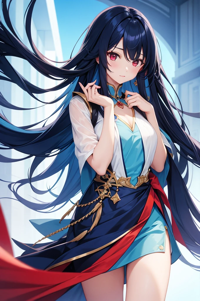 Blue colored long hair、Center parted bangs、Red eyes
