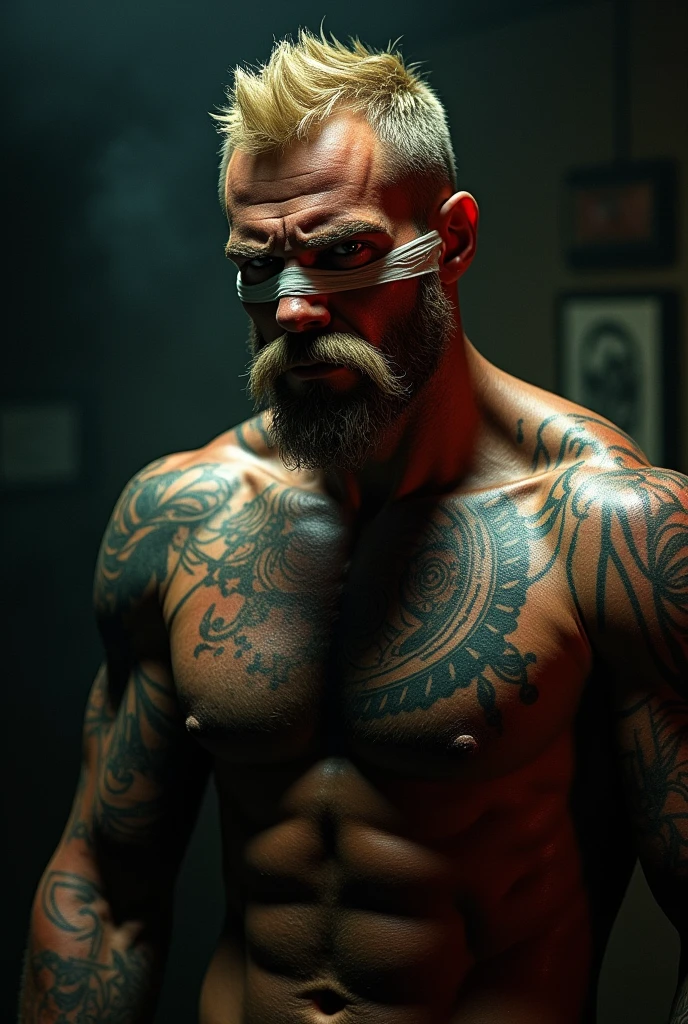 Create a blonde adult male, Mustache and goatee, who wears a bandage on his face and who is a criminal. He has tattoos all over his body and is strong.