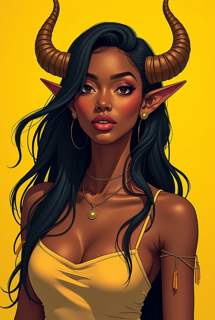 a woman with horns and a yellow background, Ross Draws 1. 0, Ross Draws 2. 0, rossdraws | afrofuturism, beautiful character painting, retrato de rossdraws, :: rossdraws, Ross Draws 2. 5, inspirado em Rossdraws, portrait of an elf queen, vibrant rossdraws cartoon, artgerm e rossdraws