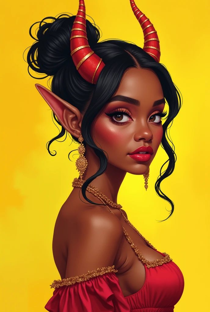  a woman with horns and a yellow background, Ross Draws 1. 0, Ross Draws 2. 0, rossdraws | afrofuturism, beautiful character painting, retrato de rossdraws, :: rossdraws, Ross Draws 2. 5, inspirado em Rossdraws, portrait of an elf queen, vibrant rossdraws cartoon, artgerm e rossdraws