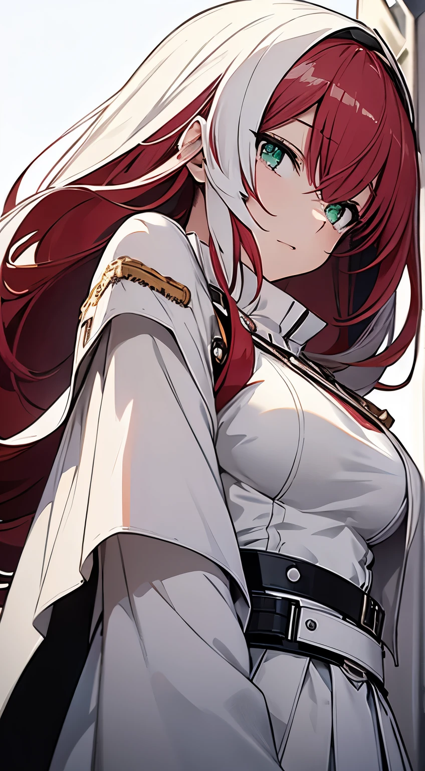 Full body, White one-piece military uniform,(masutepiece:1.2, Best Quality), (finely detailed beautiful eye: 1.2), (beautifull detailed face), High contrast, (Best Illumination, extremely delicate and beautiful), ((Cinematic Light)), Dramatic light, Intricate details, emeraldgreen eyes, Belt under boobies、White military uniform, White skirt,Wine red hair, (Pale white background:1.5),  Black tie