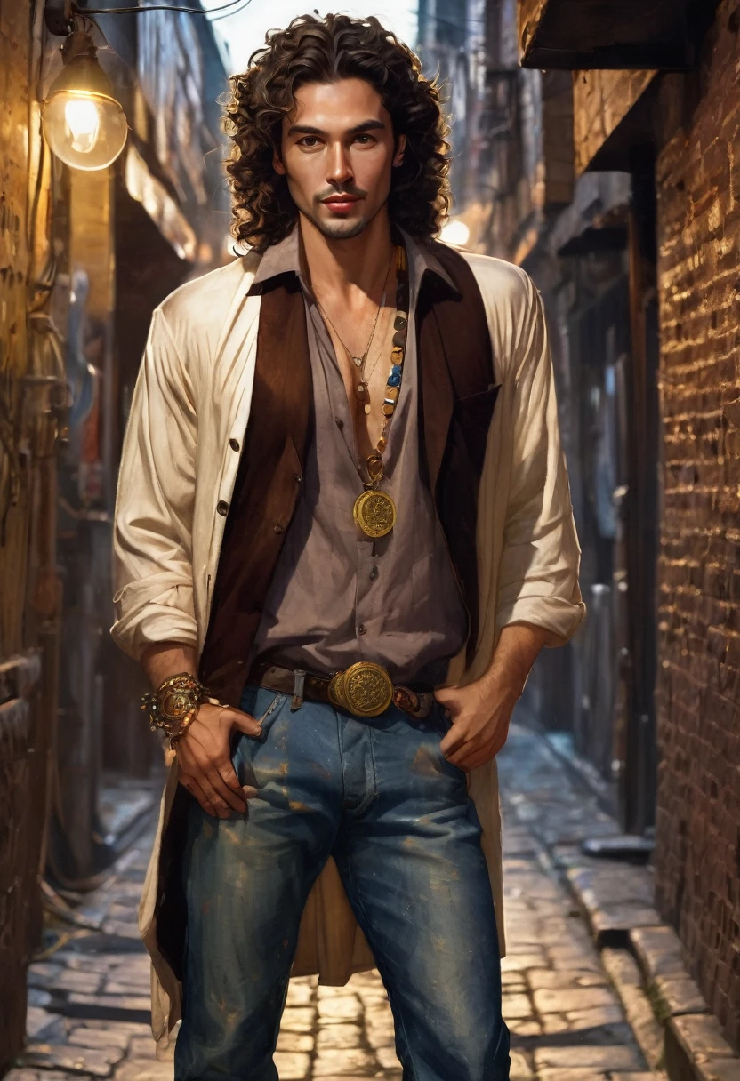 (good quality), (many details), (masterpiece), man in his early 30s, open shirt, jeans pants (cut outs), trickster, wide hair in brown curls, bold, scar on eye, gold earring on left ear, talisman, coin in hand, night in an alley, a fair can be seen at the end of the alley, realistic, photo
