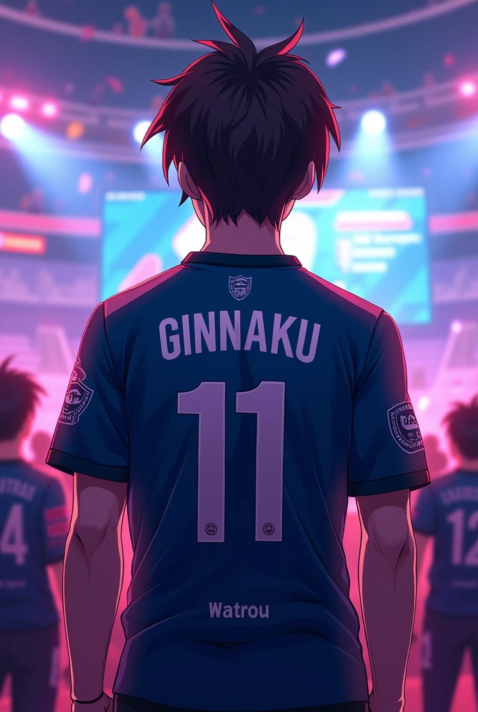 an anime esport player with Jersey number 11 and player name GINNAKU a boy back side