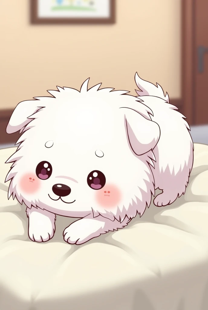 image where a white terrier (dog) He is lying on a bed with his front paws in front, que salga el dog completo, that looks like an anime