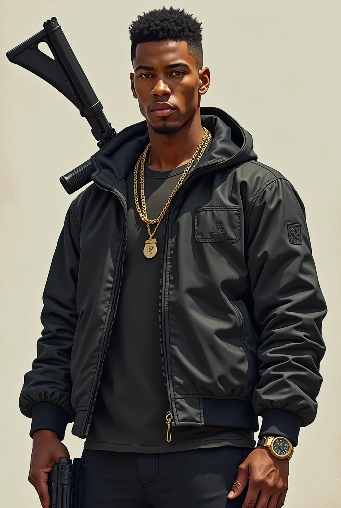 23 year old black man, com olhos castanhos, short-hair, strong and defined jaw. athletic body. Michael B inspired look. Jordan and Justin Bieber's style. Carrying a weapon