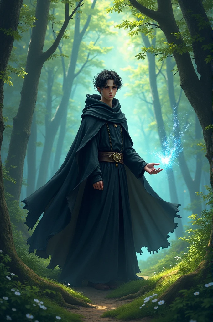 Create a powerful RPG wizard with a black cloak, teenage age, dark hair, dark eyes, light skin, male gender, surrounded by a forest with realistic, vibrant cartoon-style lighting 