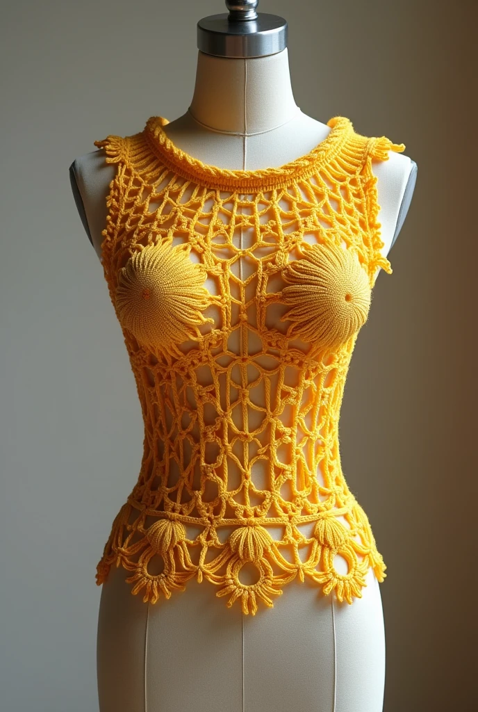 Crochet top inspired by Apollo the god of the sun on a mannequin, only the torso