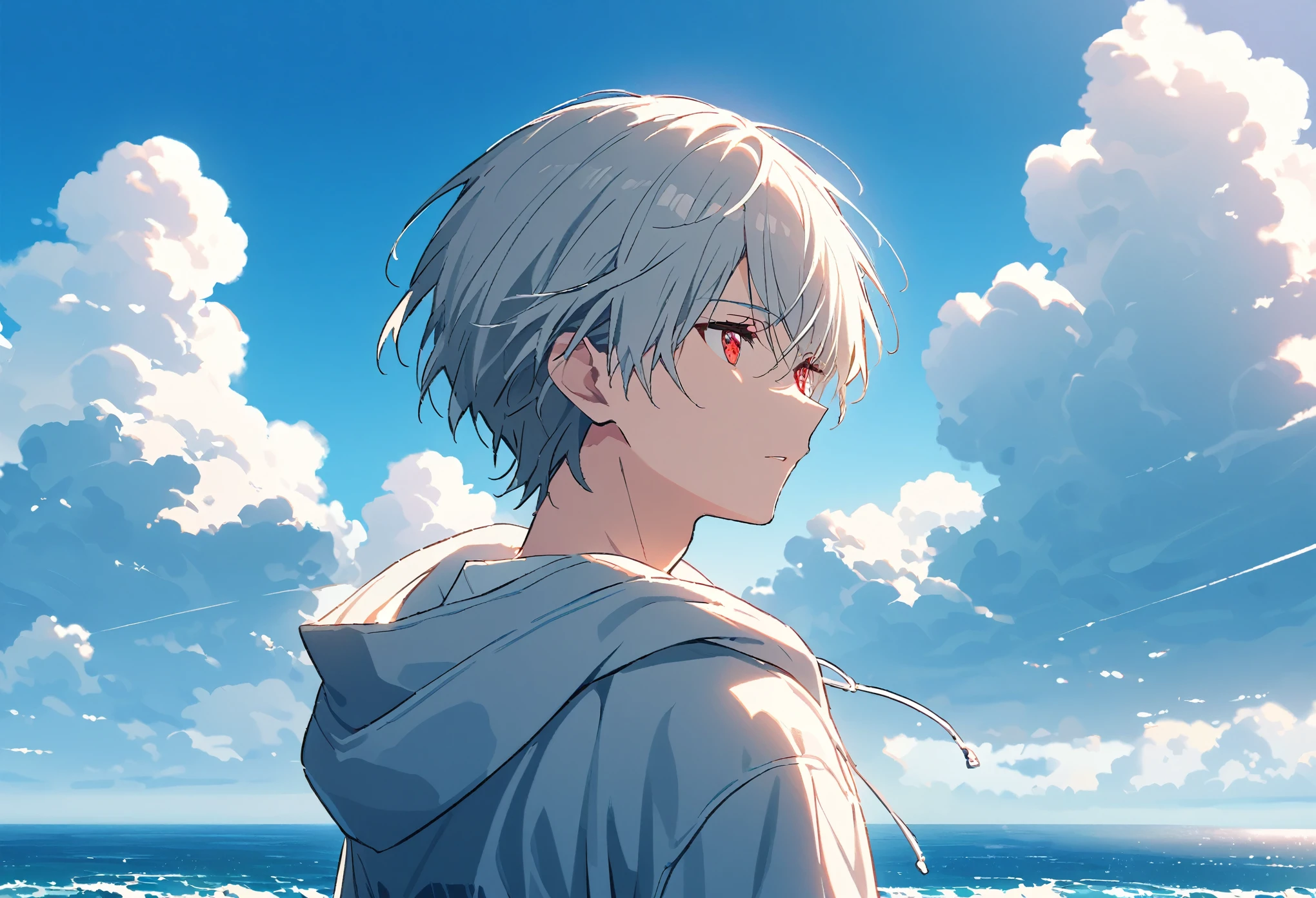 good looking, alone, 1 male, Gray Hair, Red eyes, shirt, Black and white hooded, noon, White Light,cute目,Short hairstyle,cute,Falling from the sky,綺麗なsummerの空,Lots of white clouds,summer,Ocean,Glittering scenery,bright,Blue sky,looking at the camera