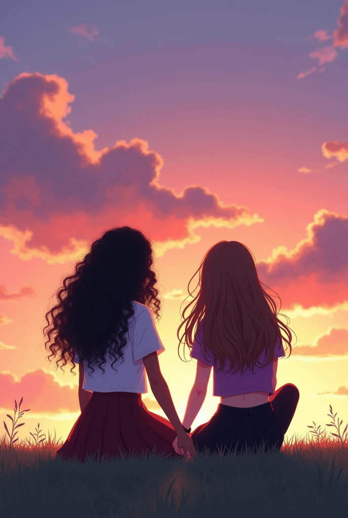 Two  girls back to back,of coasts to see at sight, sitting on the grass and holding hands, for the view of the sky at dusk, which was in gradient from pink to orange and yellow, with clouds that looked purple,one of the 2 girls is black and has long curly hair and was wearing a short dark brown flared skirt, with a white blouse while the other is white with very long brown hair, and a little curly and wore black pants with a short lilac blouse 