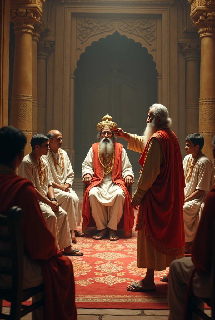 Indian young Maharaja and other indian young mantris sitting in a Senate. Indian aged priest standing infront him. The priest challenging the king pointing finger.