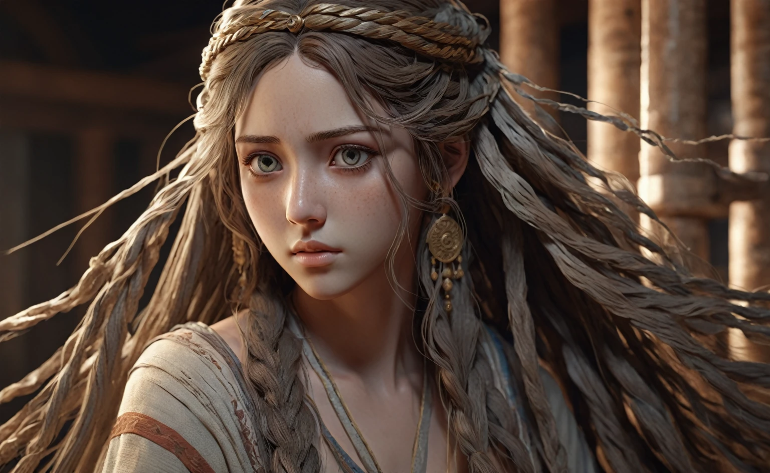 A poor woman, beautifully dressed, in ancient times, 3D, realistic anime character, extremely detailed face and eyes, long flowing hair, intricate details, photorealistic, cinematic lighting, muted color palette, dramatic shadows, high quality, masterpiece, working on a loom,face and eyes on right side.