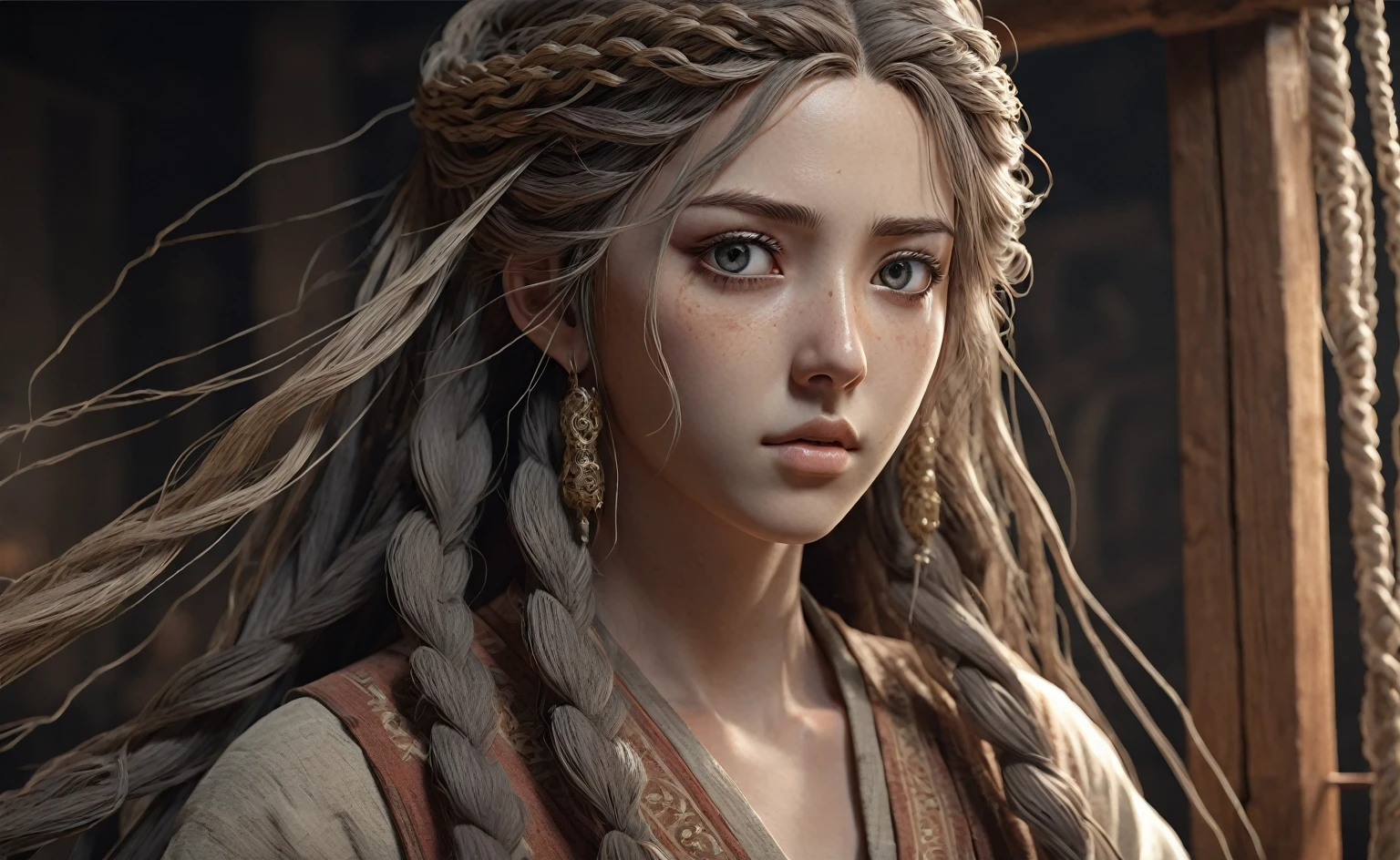 A poor woman, beautifully dressed, in ancient times, 3D, realistic anime character, extremely detailed face and eyes, long flowing hair, intricate details, photorealistic, cinematic lighting, muted color palette, dramatic shadows, high quality, masterpiece, working on a loom,face and eyes on right side.