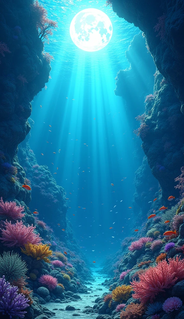 (masterpiece, best quality), underwater. The underwater environment is brightly lit wiyh moom light , creating shimmering light patterns. The background features colorful coral, small fish, and bubbles