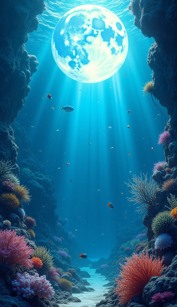 (masterpiece, best quality), underwater. The underwater environment is brightly lit wiyh moom light , creating shimmering light patterns. The background features colorful coral, small fish, and bubbles 