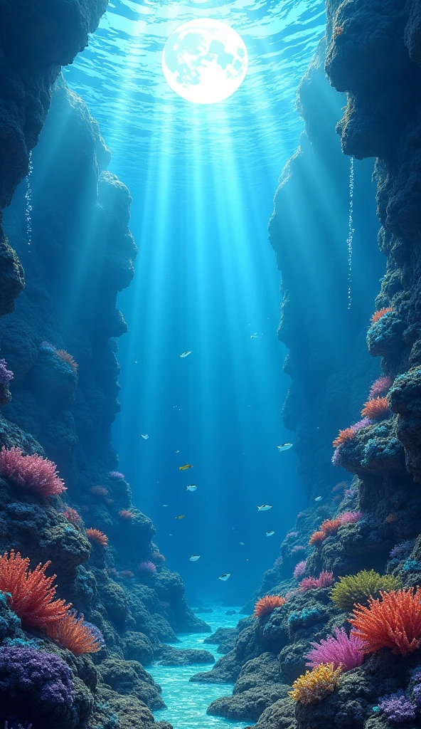 (masterpiece, best quality), underwater. The underwater environment is brightly lit wiyh moom light , creating shimmering light patterns. The background features colorful coral, small fish, and bubbles 