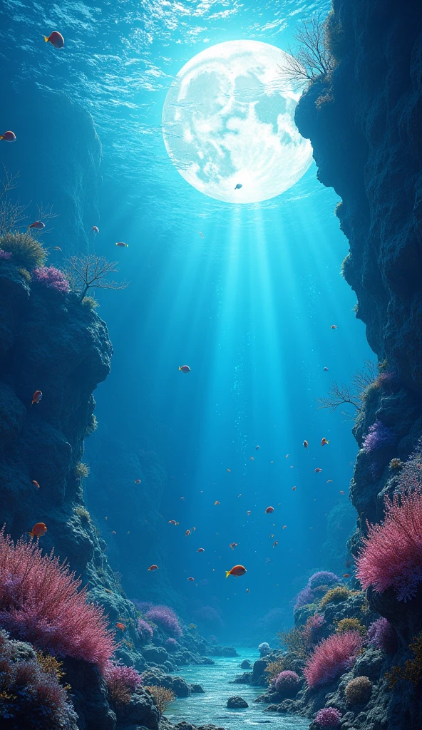 (masterpiece, best quality), underwater. The underwater environment is brightly lit wiyh moom light , creating shimmering light patterns. The background features colorful coral, small fish, and bubbles 