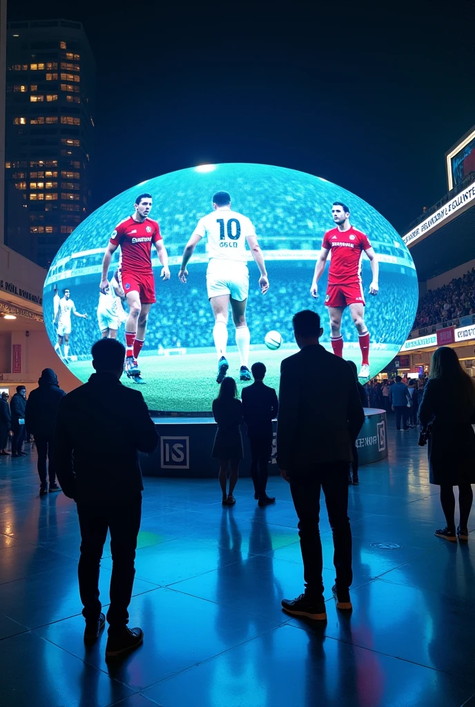 An image of a digital led screen shaped like a rugby ball on tee. Must have ad
visuals playing on it and must also show humans and the screen must be quarter man sized .