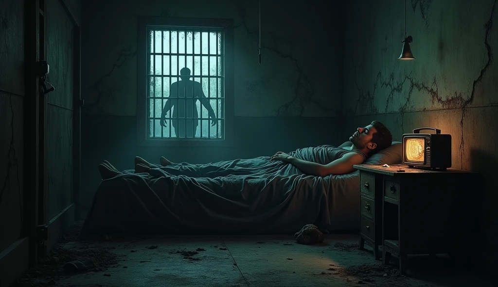 {{A dark and terrifying image of a ((disoriented man waking up in a dimly lit, decrepit prison cell)), the cold, cracked walls stained with blood and covered in menacing shadows.}} In the background, a ((rusty, old radio with a sinister glow emanating from it)) is perched on a small table, beginning to emit ((eerie, crackling static)). The scene is set in a ((gloomy, horror-filled atmosphere)), with the faint silhouettes of ((demonic creatures lurking in the darkness just beyond the cell bars)). The lighting is ((minimal and creepy)), casting ((long, threatening shadows)) across the scene, evoking a sense of impending doom and fear.

