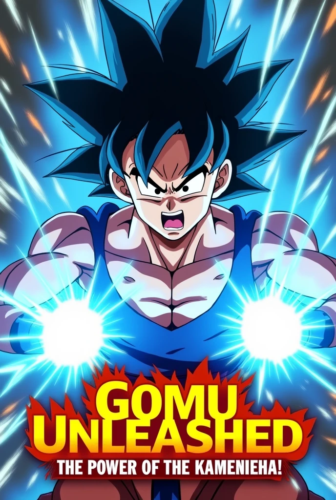 Create a dynamic close-up anime scene of Goku in the midst of an explosive energy attack. Focus on Goku’s intense expression as he channels an enormous Kamehameha wave, his face illuminated by the blinding energy. Capture the swirling, crackling blue energy of the attack, with vibrant, radiant light reflecting off his determined features and muscular form. The background should be a blur of motion with intense streaks of energy and color, emphasizing the sheer power and speed of the moment. Add a bold caption like “Goku Unleashed: The Power of the Kamehameha!” in dramatic, fiery text at the bottom to highlight the excitement and intensity of the scene.