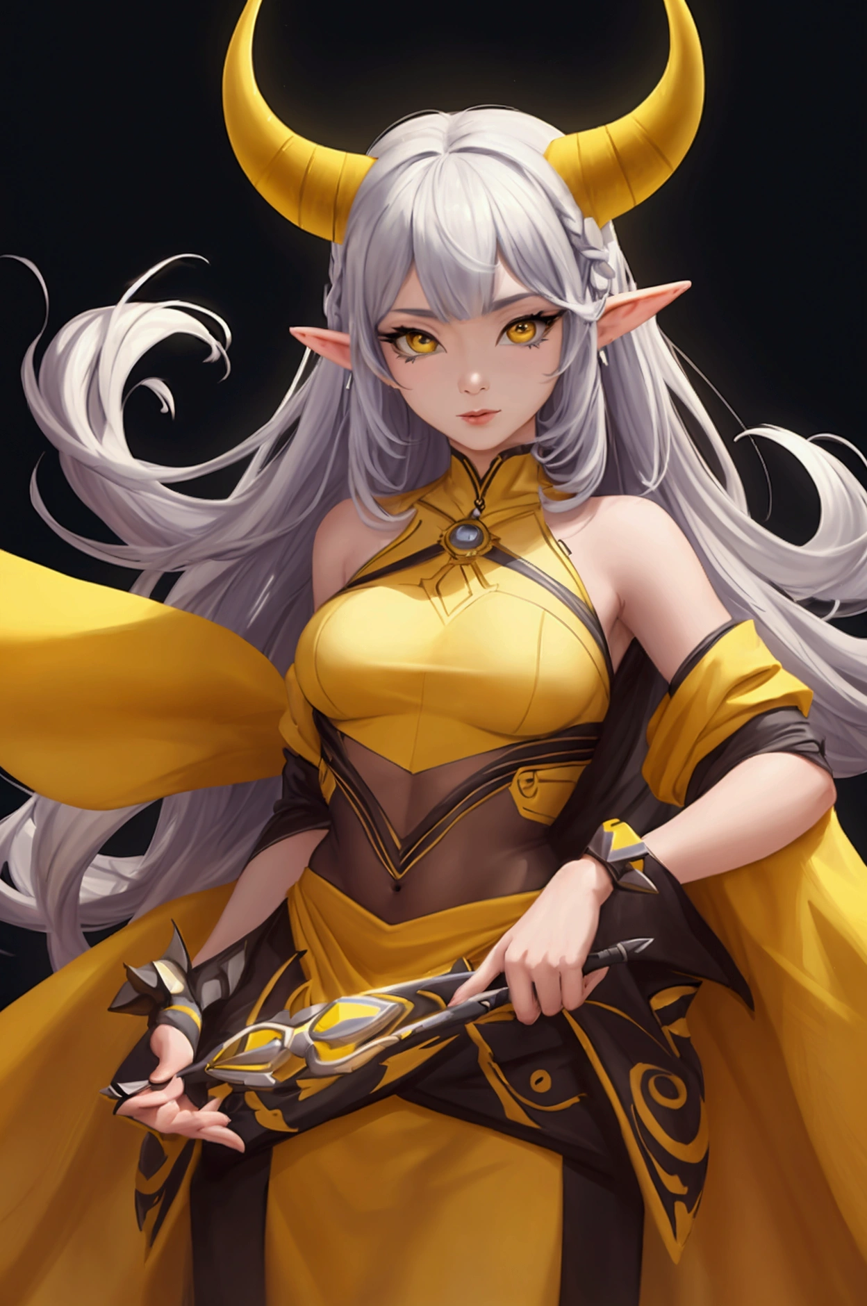 a woman with horns and a yellow background, Ross Draws 1. 0, Ross Draws 2. 0, rossdraws | afrofuturism, beautiful character painting, retrato de rossdraws, :: rossdraws, Ross Draws 2. 5, inspirado em Rossdraws, portrait of an elf queen, vibrant rossdraws cartoon, artgerm e rossdraws
