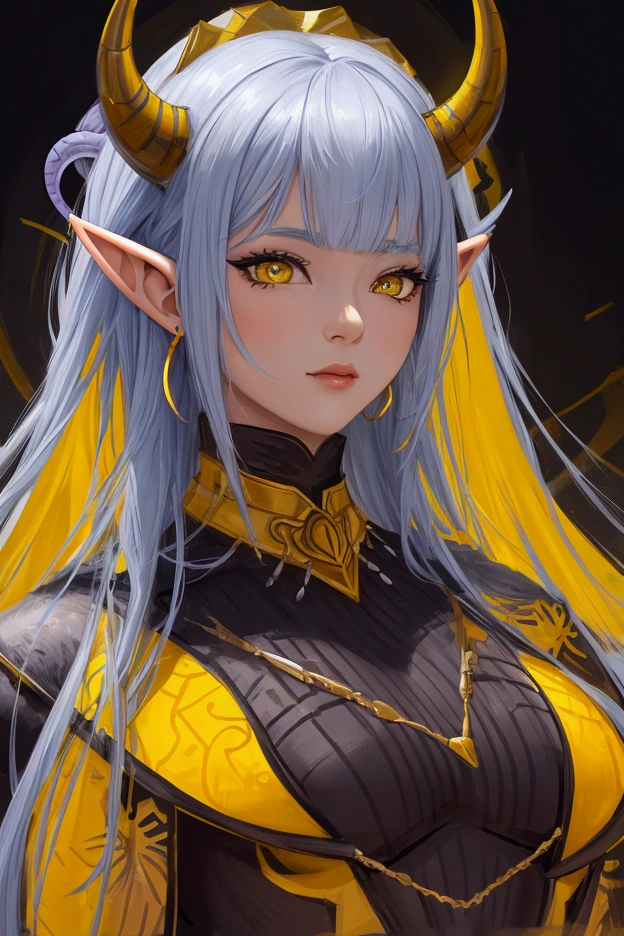  a woman with horns and a yellow background, Ross Draws 1. 0, Ross Draws 2. 0, rossdraws | afrofuturism, beautiful character painting, retrato de rossdraws, :: rossdraws, Ross Draws 2. 5, inspirado em Rossdraws, portrait of an elf queen, vibrant rossdraws cartoon, artgerm e rossdraws