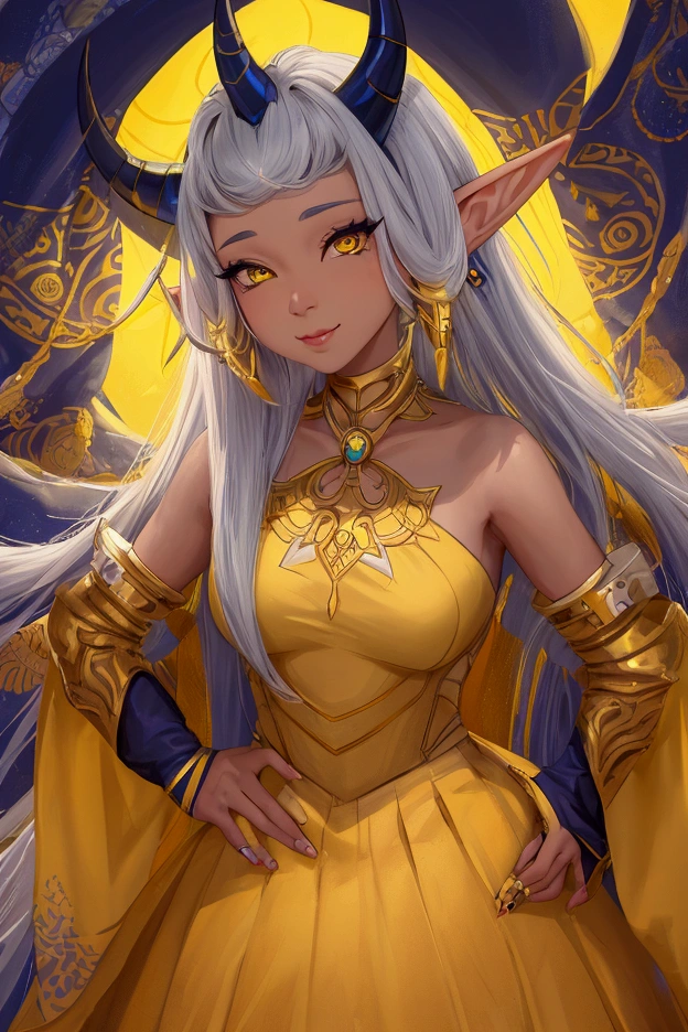 a woman with horns and a yellow background, Ross Draws 1. 0, Ross Draws 2. 0, rossdraws | afrofuturism, beautiful character painting, retrato de rossdraws, :: rossdraws, Ross Draws 2. 5, inspirado em Rossdraws, portrait of an elf queen, vibrant rossdraws cartoon, artgerm e rossdraws