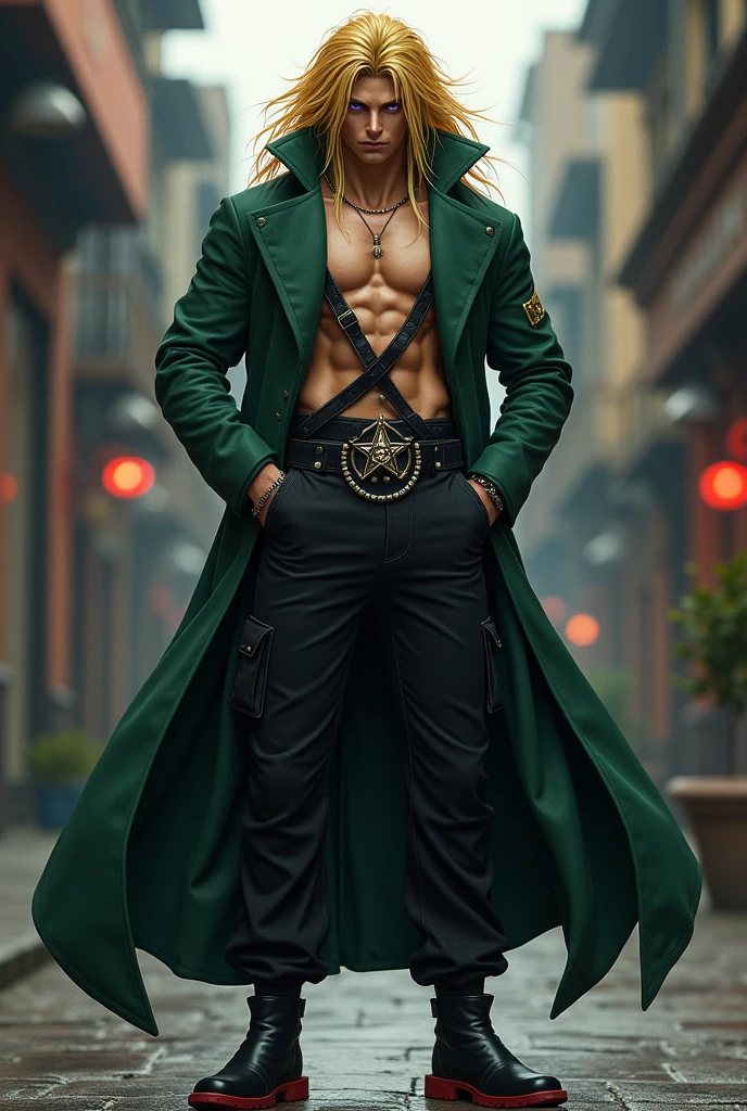 Generates an image of a French man with an annoyed and serious expression, tall with purple eyes, purple star earrings, Long fluffy blonde hair with a hairstyle similar to Johnny Joestar&#39;s but more noticeable and bigger. A long dark green jacket not buttoned, shirtless but with two black belts forming an X on his chest, a black cargo pants and dark red shoes, a black and white belt with a star in the middle. jojo&#39;s style.
