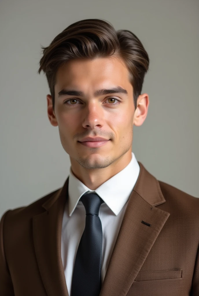 A 19 year old boy take a passport picture in a brown suit