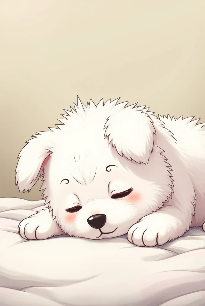 image where a white terrier (dog) He is lying on a bed with his front paws in front, que salga el dog completo, that looks like an anime 

