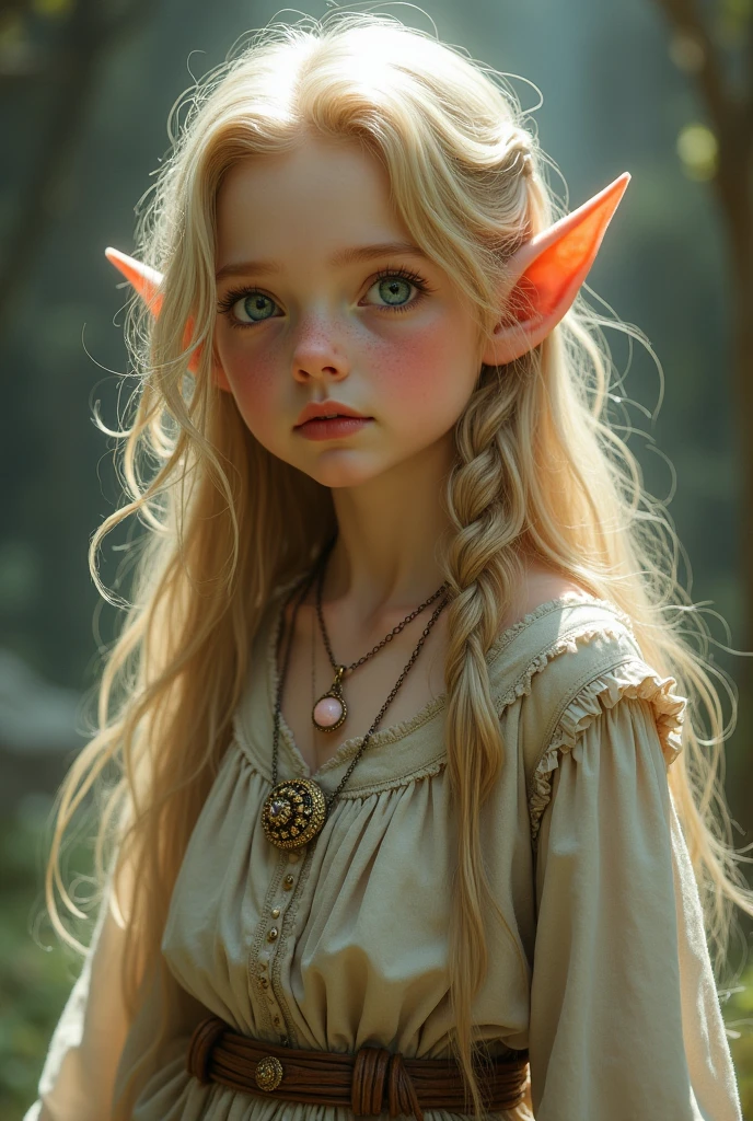 little elf girl, with long blonde hair, with a braid on the side, with a rose quartz necklace that wraps it in gold, with big clothes, old and dirty
