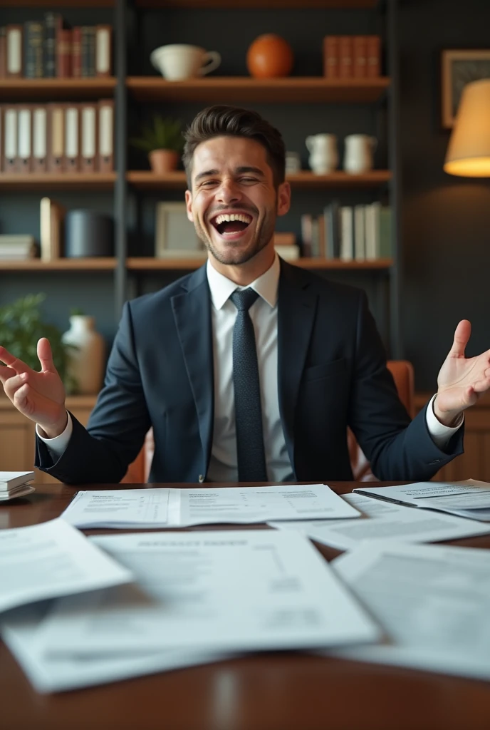 make a young businessman in debt happy for having solved it full of paper on realistic table showing the room around it too
