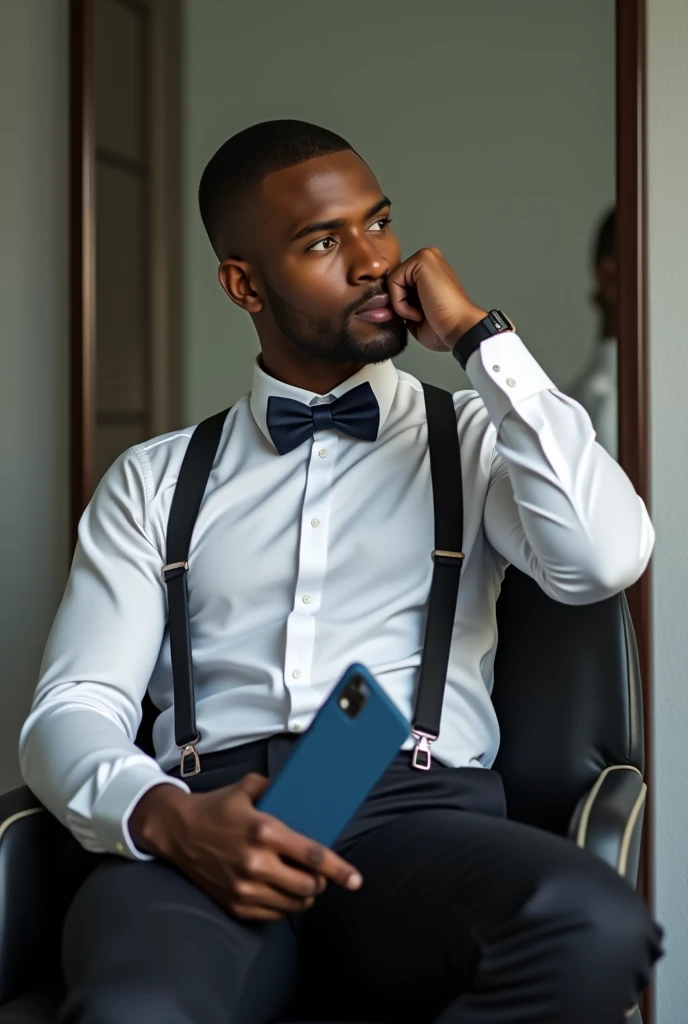 best qualityer:1.4), (ultra high resolution:1.2), (photorrealistic:1.4), (8k, CRU photo:1.2), a thin young man of 20 years old, skin black, with a smooth, beardless face, buzzcut haircut short on the sides and low on top, He's wearing a white shirt. He&#39;s wearing a black dress shirt on top.. He is wearing black dress pants. He is wearing white Adidas sneakers. He is wearing a navy blue bow tie. He is sitting on a chair in front of the mirror. You have an iPhone with a blue case.