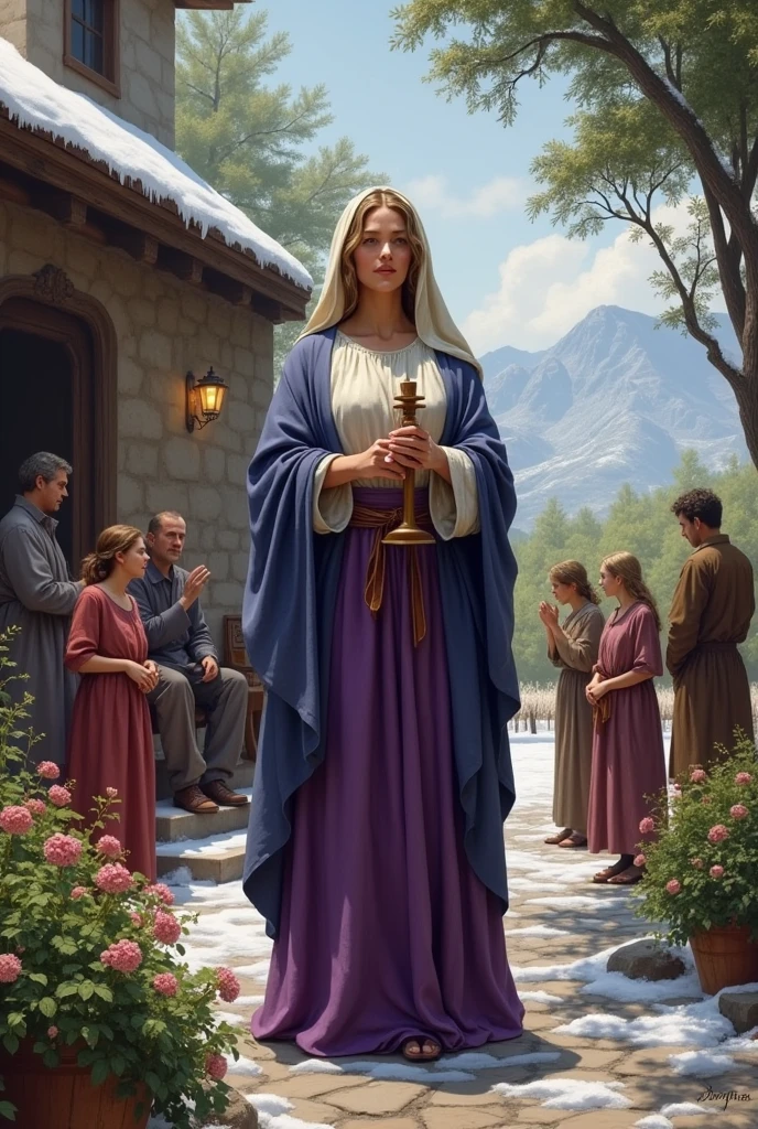 An exemplary woman, with a dignified and confident posture, surrounded by an atmosphere of serenity and respect. it is centered in the scene, dressed in fine linen and purple, symbolizing their strength and dignity. His hands hold a spindle, representing your hard work, and around her, there is a bright lamp that never goes out, highlighting his vigilance and dedication to his family.
Ao fundo, we see a well organized house, where her children rise up to praise her. the husband, sitting among the city authorities, is shown looking at her with pride. On the right, the field she bought and planted a vineyard in stretches, demonstrating your wisdom and business skills.
People in need are close by, receiving help from the exemplary woman, who extends his hands to them with kindness. The expressions of gratitude on the faces of the poor highlight their generosity. The scenery also includes snowy landscapes, where all members of your family are dressed appropriately, indicating its careful preparation.
The scene is surrounded by an aura of calm and tranquility, symbolizing the peace she brings to her family and community. The surrounding natural environment, With shady trees and flowers, reinforces the feeling of abundant life and prosperity.