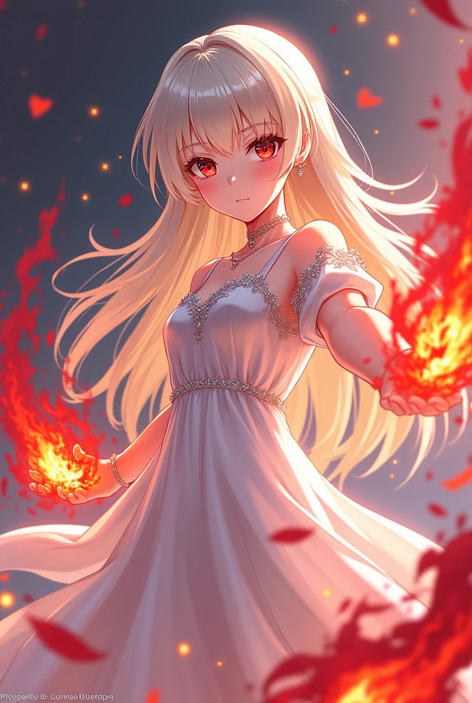 Create an anime with platinum hair with a white dress and in the style of a princess with red fire in her hands in a battle pose