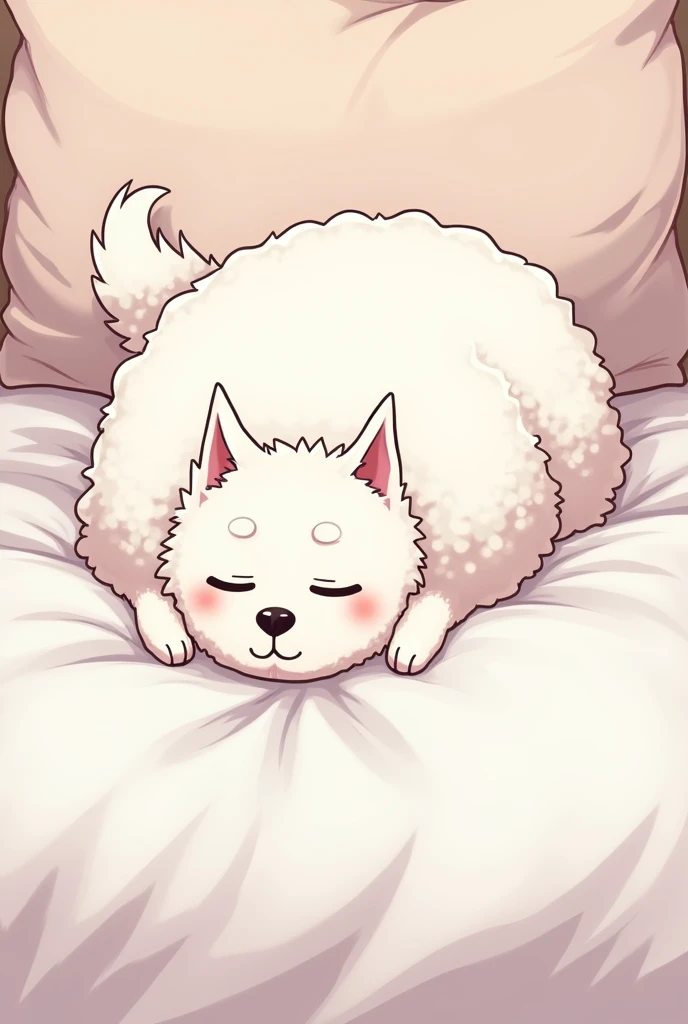 image where a white terrier (dog) He is lying on a bed with his front paws in front, que salga el dog completo, that looks like an anime
