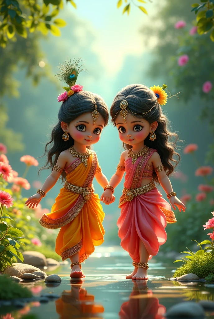 Goddess Radha and Lord Krishna as s playing in the garden , Indian God, 8K render, facing towards the viewers