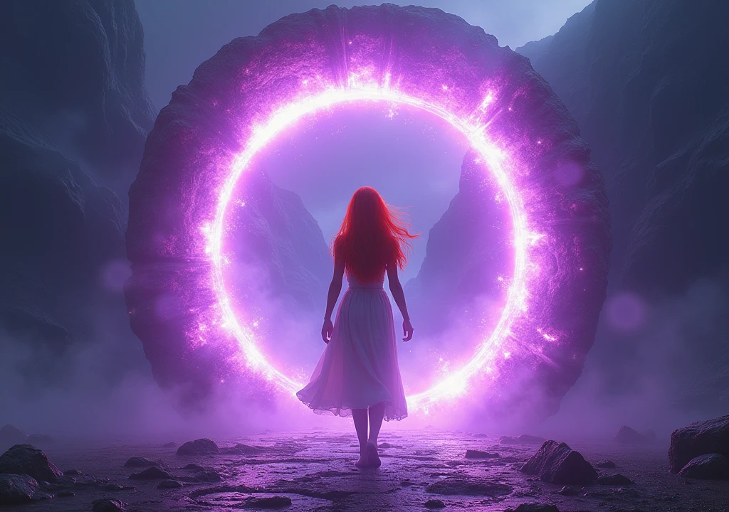 red-haired woman,entering a large purple portal