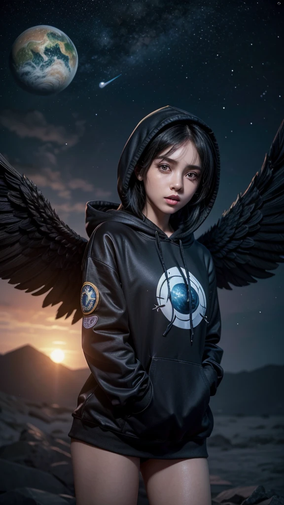 There is a woman with wings and a planet in the background, 3D rendering of a cute anime girl, de Trevor Brown, unknown zodiac sign, inspired by Illarion Pryanishnikov, black hair girl, dark skin with hoodie, dark skin full lips long hair trend in artstaion, qifenglin, poster, technological clothing, low angel