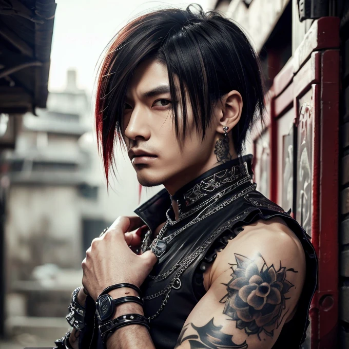 1 man, male, Japanese man, Visual Kai hairstyle, ultra detailed face and body, hyperrealistic, realistic representation, muscular, broad shoulders, tattoos gothic style, piercings, Visual Kei style, hairstyle Visual Kei, blond, long hair, 40 years old, age 40, outfit gothic streampunk, men's shirt and black pants, Asian eyes, eyes Asian, Visual Kei hairstyle 