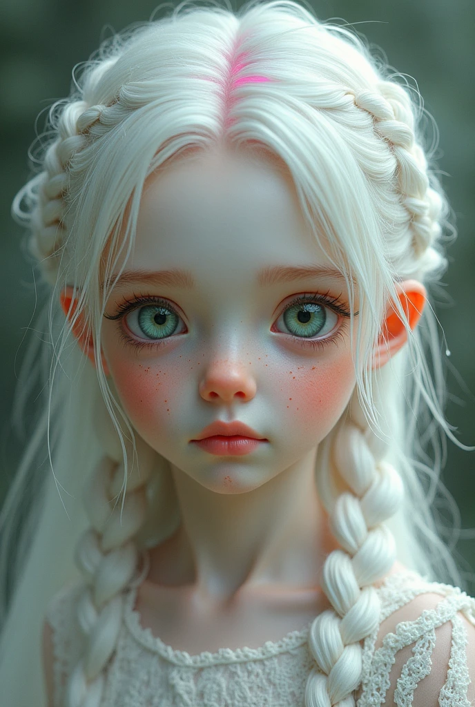 photo of a young girl with braided white hair with a pink streak and freckles, pale skin and green eyes