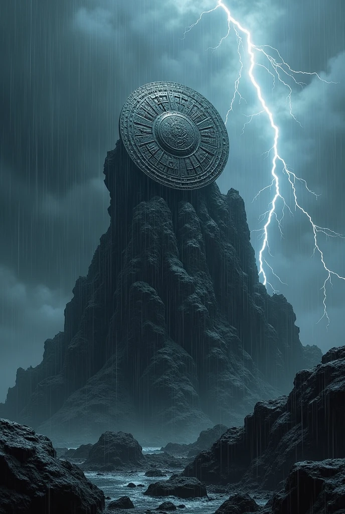  Earth included  shield on black rock with heavy rain and thunder weather condition