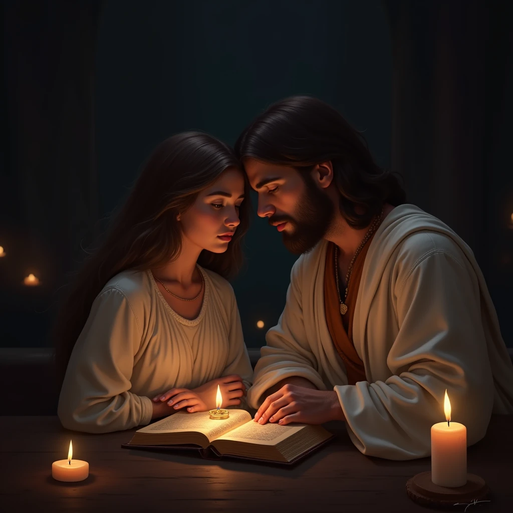 Illustrate a quiet, candle-lit room where a person sits with an open Bible, lost in deep reflection. Jesus is seated next to them, offering a reassuring presence. The soft glow of the candles emphasizes the warmth and comfort provided by God's compassion.