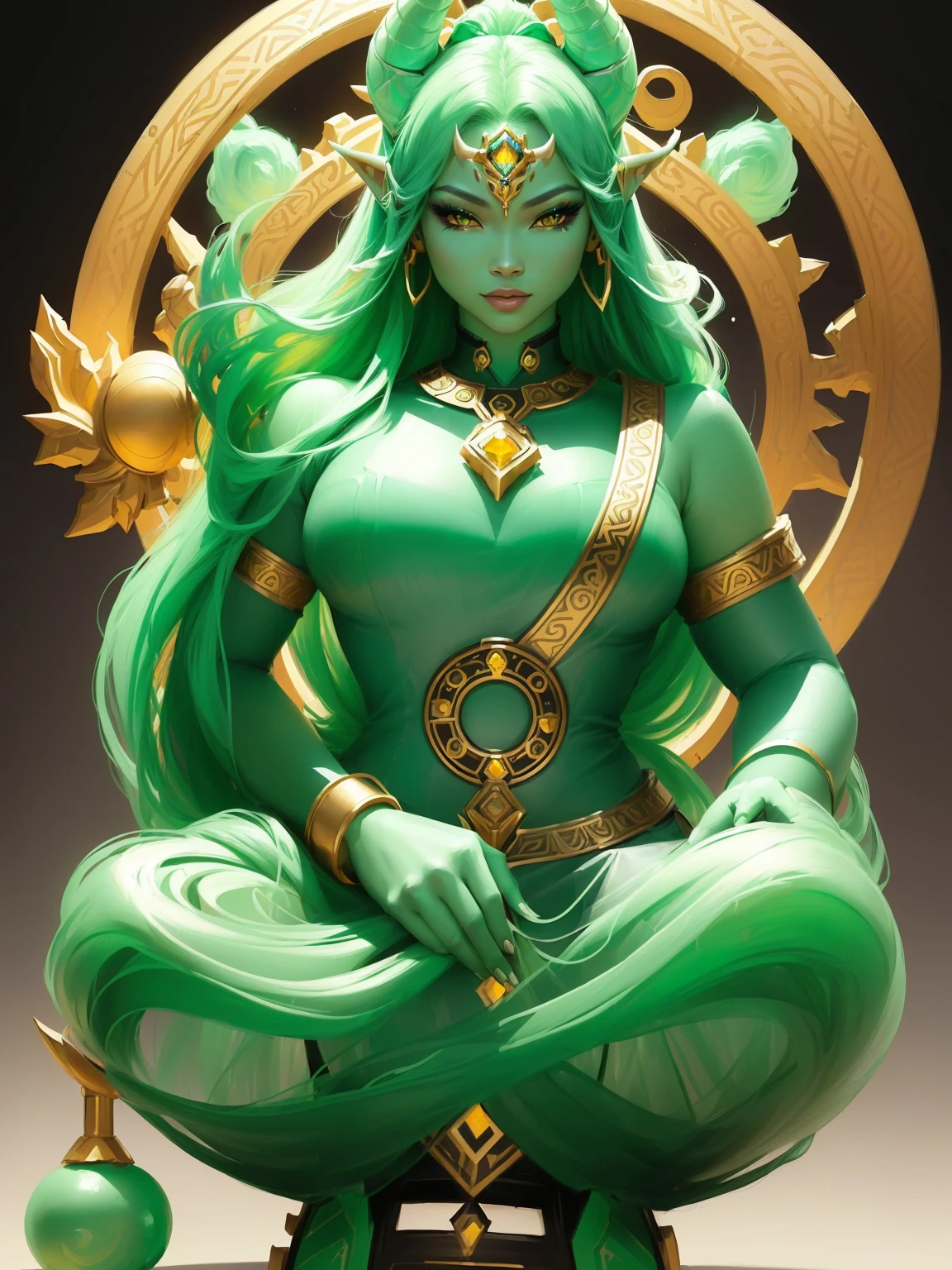a woman with horns and a yellow background, Ross Draws 1. 0, Ross Draws 2. 0, rossdraws | afrofuturism, beautiful character painting, retrato de rossdraws, :: rossdraws, Ross Draws 2. 5, inspirado em Rossdraws, portrait of an elf queen, vibrant rossdraws cartoon, artgerm e rossdraws