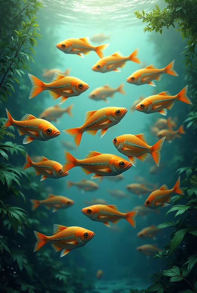 a school of many tilapia in the center of the image, realistic and ultra detailed