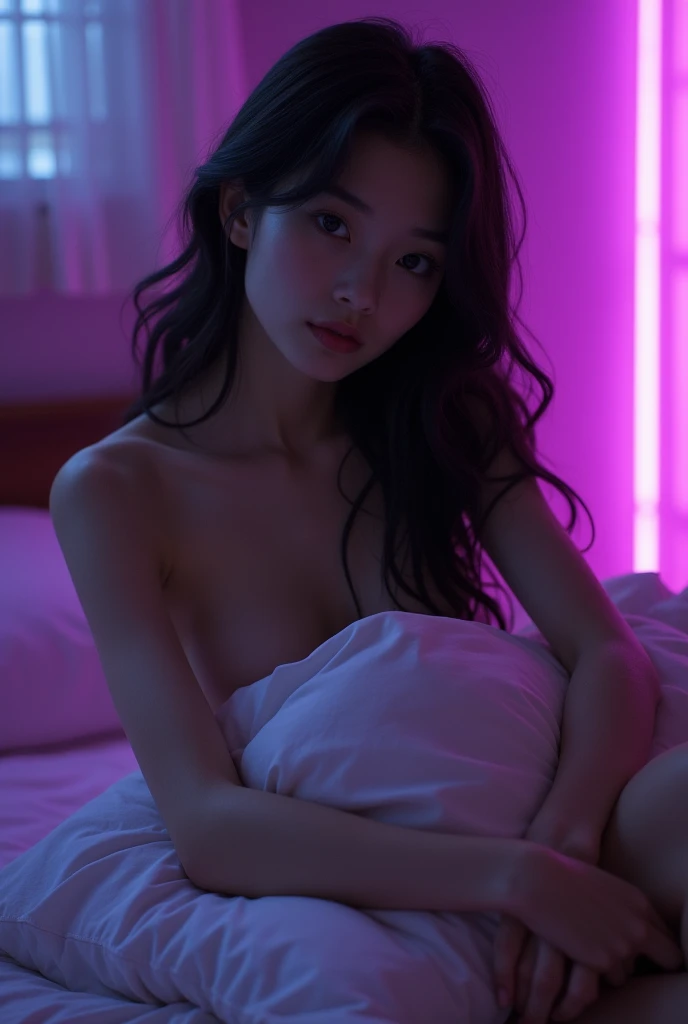 A Japanese woman sitting on a bed naked, hugging a pillow and hidding her boobs behind the pillow the lightning in the room is dark with a purple neon light, she looks deep into viewers eyes